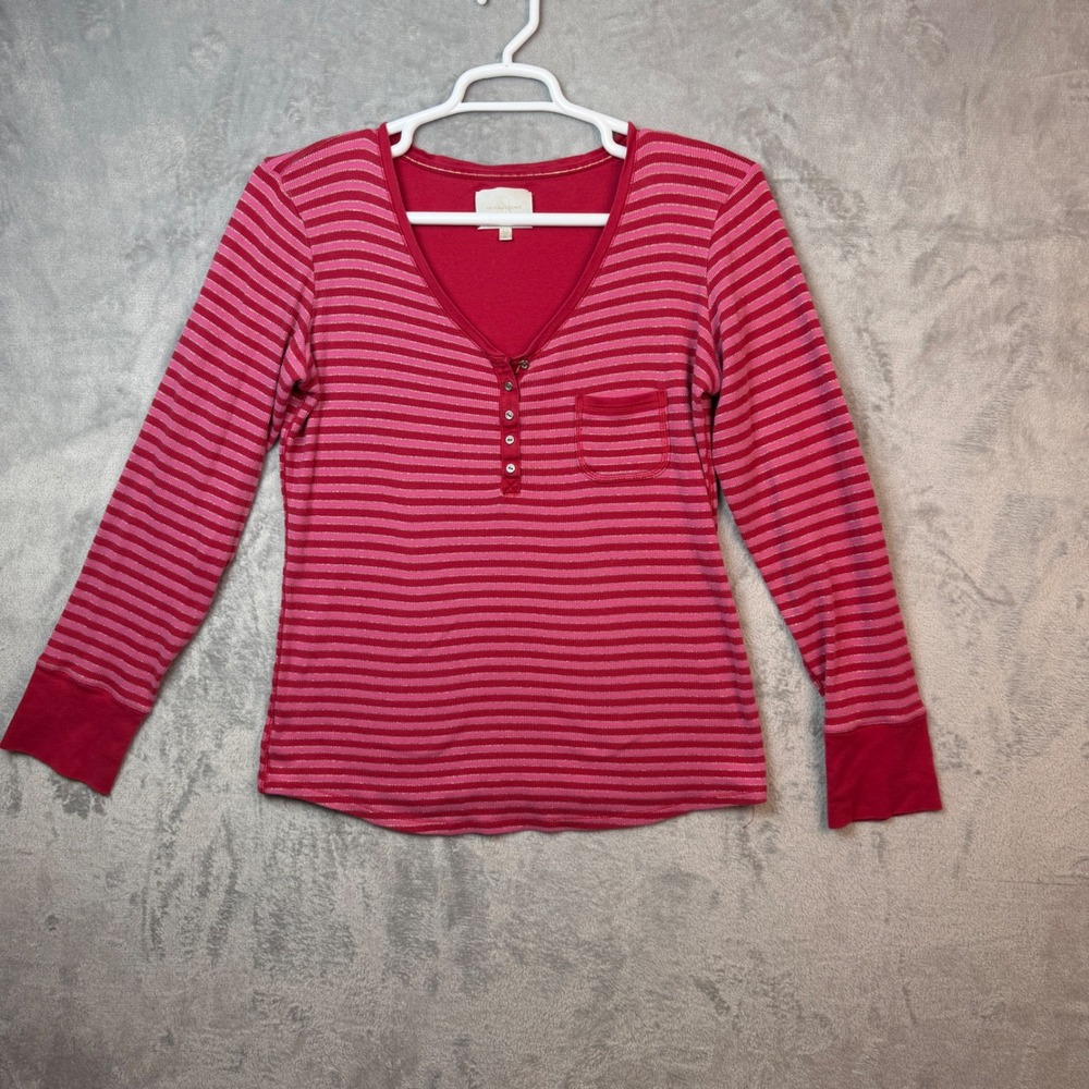 Victoria's Secret Henley Top Women XL Pink Red Stripe Waffle Knit Y2K 245757-CC7
